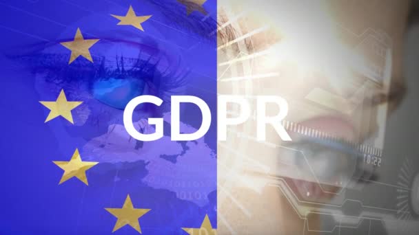 Zakenvrouw Kijken Scherm Tegen Digitaal Geanimeerde Gdpr Vlag Achtergrond — Stockvideo