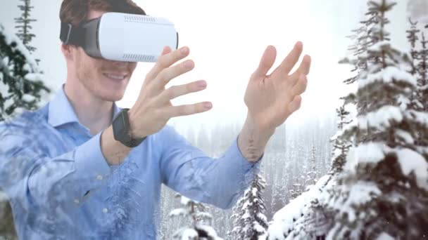 青アニメーション雪に覆われた自然の背景に対して を用いたビジネスマン — ストック動画