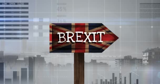 Brexit Σημάδι Στη Βρετανία Σημαία Εναντίον Ψηφιακό Κινούμενο Φόντο Γκρι — Αρχείο Βίντεο