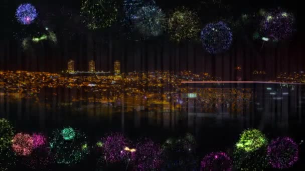 Animált Tűzijáték Város Skyline Háttér — Stock videók