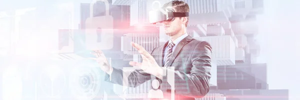 Geschäftsmann Gestikuliert Mit Virtual Reality Headset Gegen Zusammengesetztes Bild Der — Stockfoto