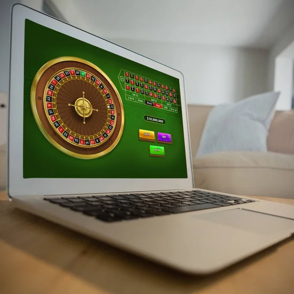 Online Roulette Game Low Angle View Laptop Table Living Room — Stock Photo, Image