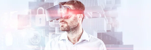 Człowiek Brody Pomocą Zestawu Słuchawkowego Oculus Rift Złożony Obraz Identyfikacji — Zdjęcie stockowe