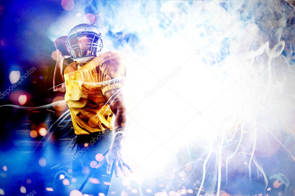 Energetic American football player holding ball against firework bursting sparkle background