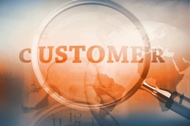 Büyüteç müşteri kelime mavi arka plan üzerinde gösterilen