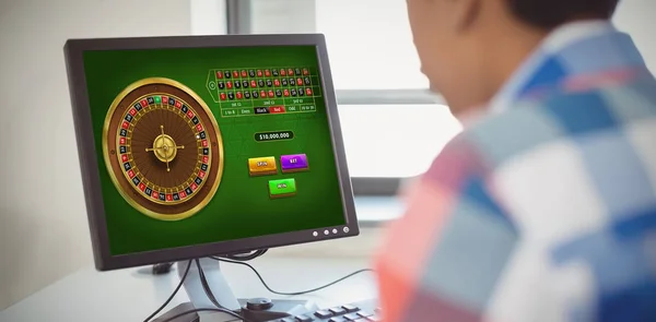 Online Roulette Game Close Schoolboy Using Computer — Stock Photo, Image