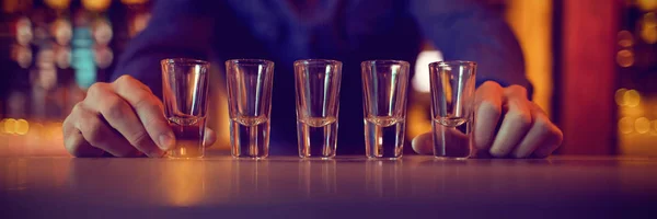 Bartender Placing Shot Glasses Row Counter Bar — Stock Photo, Image