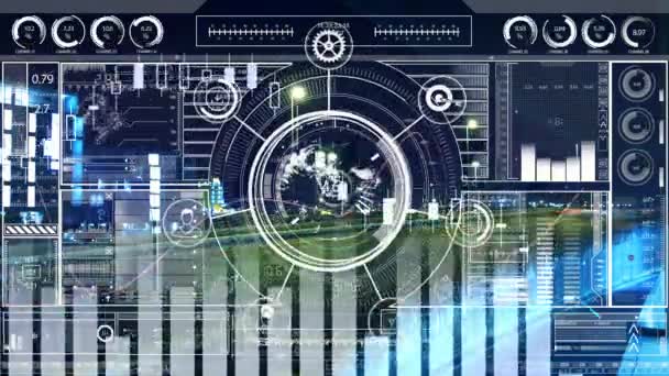 Composto Digital Edifícios Com Interface Brilhante Estatísticas Gráficos — Vídeo de Stock