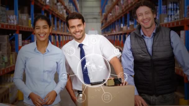 Front View Three Colleorkers Smiling Warehouse Globe Business Icons Front — стоковое видео