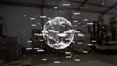 Büyük bir depo arka plan üzerinde veri bulunan dijital dönen Dünya