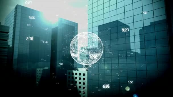 Animazione Generata Digitalmente Girando Globo Che Muove Tra Grattacielo Una — Video Stock