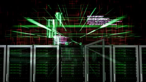 Datanetværk Servere Cyber Baggrund Med Grønt Lys Stråler Bevæger Sig – Stock-video
