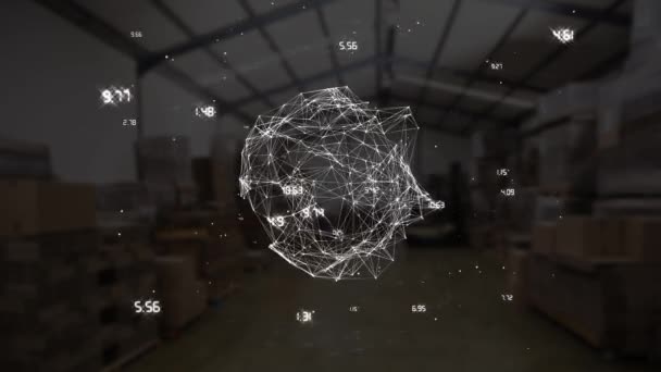 Digital Globe Lights Numbers Rotating Disappearing Warehouse Background — Stock Video