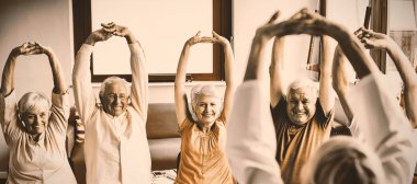 Seniors doing exercises in a retirement home clipart