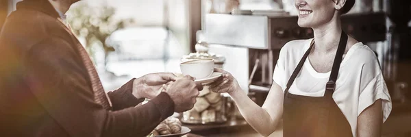 Waitress Serving Cup Coffee Customer Cafe — Stock Photo, Image