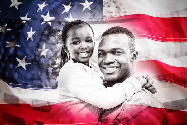 Full Frame American Flag Happy Family Posing Together — Stock Photo, Image