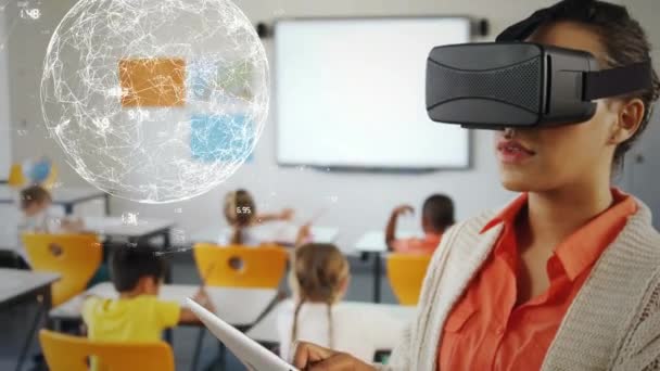 Side View Young Woman Discovering Virtual Reality Glasses Classroom — Stock Video