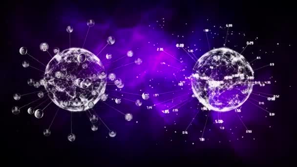 Two Digital Earths Each Different Data Purple Background — Stock Video