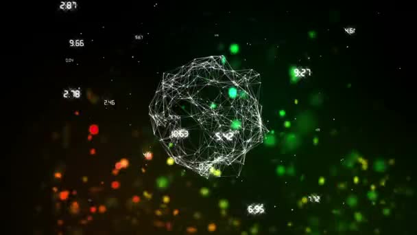 Цифрова Глобус Обертається Даними Темному Тлі Анімованими Зеленими Помаранчевими Пластівцями — стокове відео