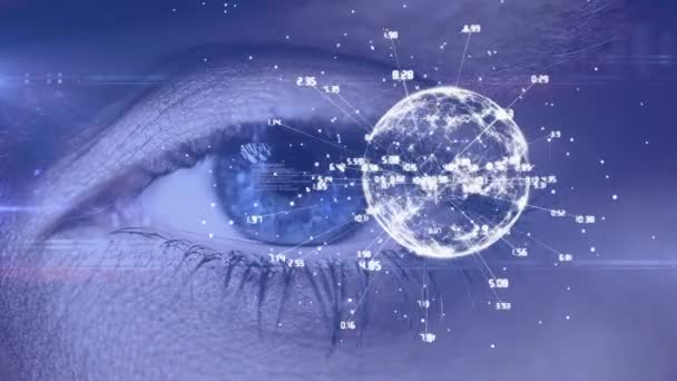 Цифровая Анимация Вращения Земного Шара Голубым Глазом Женщины Заднем Плане — стоковое видео