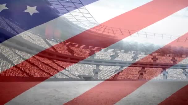 サッカー スタジアムの前を飛ぶアメリカの国旗のアニメーション — ストック動画