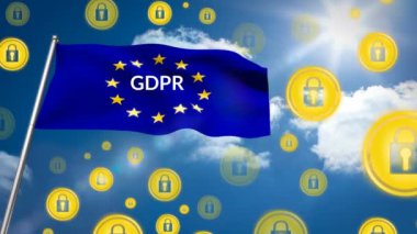 Gdpr sloganı ile bademcik-in altın asma kilit kutsal kişilerin resmi güneşli gökyüzü arka plan üzerinde ile Avrupa bayrağı
