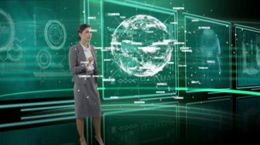 Hologram futuristik bir yerde gösterilen bir ekran dokunarak işkadını dijital olarak yaratılan animasyon yan görünüm 