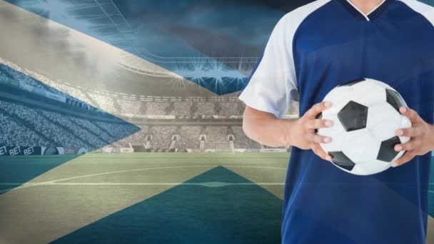 サッカー スタジアムの背景にサッカー ボールを保持しているサッカー選手のアニメーション — ストック動画
