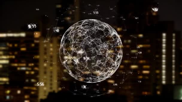 Цифровий Композит Єднаних Глобусів Єднань Даних Над Міськими Вогнями Будівлями — стокове відео