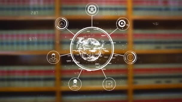 Animation frontale d'un globe tournant entouré d'icônes contre une bibliothèque en arrière-plan 