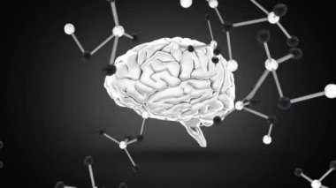 Ekran siyah arka plan aşağı düşen moleküler yapıları ile dijital olarak animasyonlu beyin