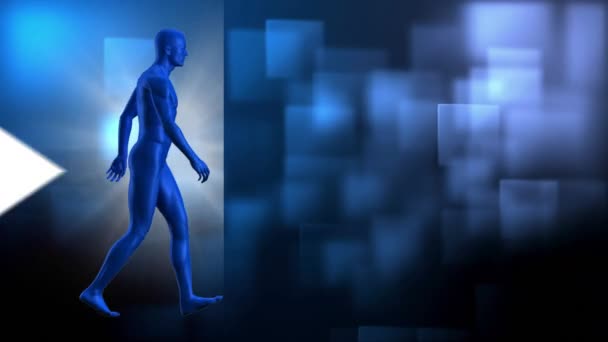 Digital Blue Man Walking Right Squared Background Animated Arrows — Stock Video