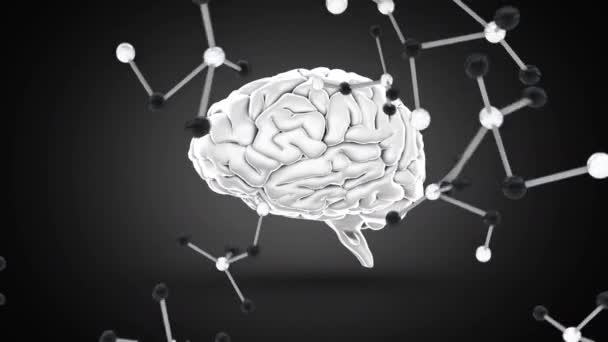 Cerebro Digitalmente Animado Con Estructuras Moleculares Cayendo Por Pantalla Sobre — Vídeos de Stock