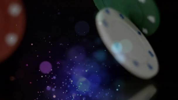 Animación Digital Fichas Póquer Colores Cayendo Suelo Con Fondo Galaxia — Vídeos de Stock