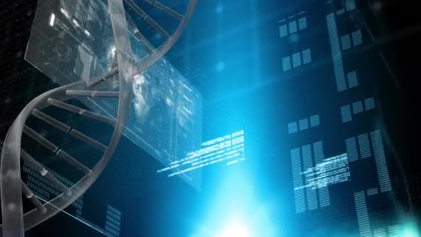 Animation numérique de l'ADN filant avec carte de la terre et ondes sonores sur fond noir 