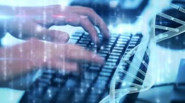 Dijital bileşik karşı düşen iplik bir Dna molekülü ile bilgisayarda yazma mühendisleri ön plan üzerinde ışıklar