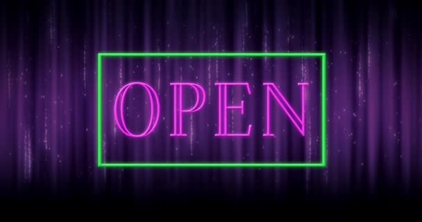 Animation Sparkling Open Text Rectangle Purple Curtain Background — Stock Video