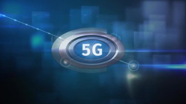 Mavi kare arka plan bağlantılarında çevrili 5 g düğmesinin dijital bileşik