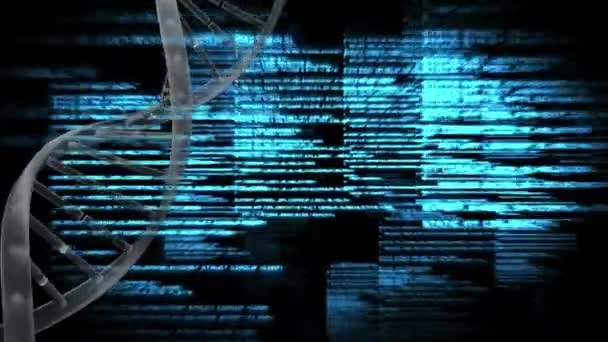 Composite numérique d'ADN filant avec des informations de données bleues se déplaçant sur fond noir 
