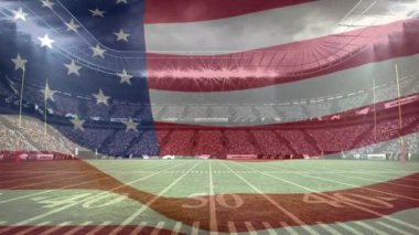 Amerikan Futbol Stadyumu destekçileri tam Amerikan bayrağı sallayarak üzerinde ön plan ile dijital bileşik