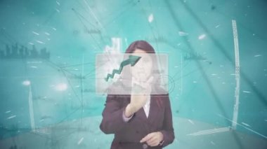 Dijital dokunmadan futuristik ekran veri gösterimi karşı bir beyaz iş kadını adam bileşkesi
