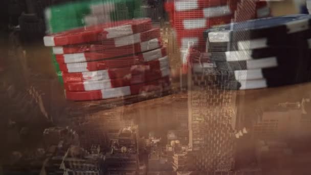 Composite numérique de jetons de poker sur le tapis vert contre l'illustration du paysage urbain 