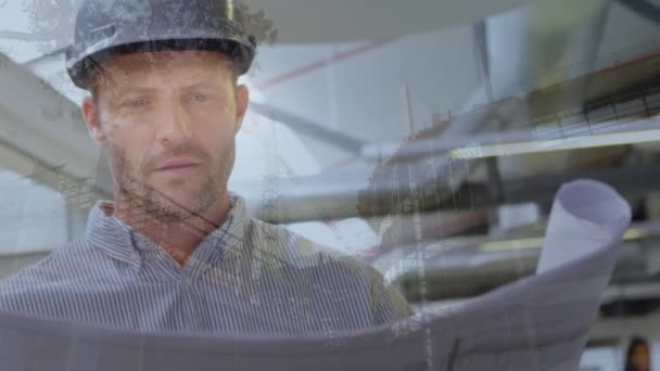 Digital Composite Caucasian Engineer Looking Plan Buildings Transparency Wears Security — Stock Video