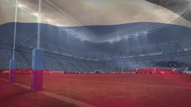 Digitale Composiet Van Russische Vlag Zwaaien Tegen Professionele Stadion Achtergrond — Stockvideo