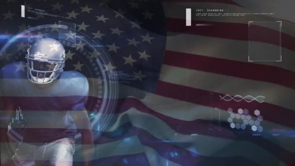 背景に手を振っているアメリカの国旗 ファインダーに囲まれながらボールをキャッチするダイビング アフリカ系アメリカ人のクォーター バックのデジタル合成 — ストック動画