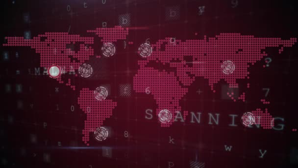 Composite numérique d'avertissements de sécurité informatique avec lignes de connexion et numéros sur fond de carte du monde teinté en rouge 