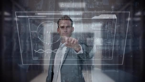 Jóképű Üzletember Futurisztikus Képernyő Megérintésével Digitális Kompozit — Stock videók