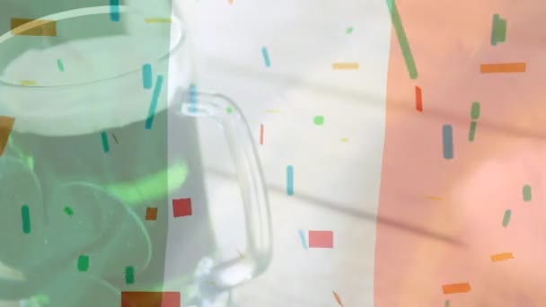 Digitale Composiet Van Irish Coffee Met Confetti Tegen Ierse Vlag — Stockvideo