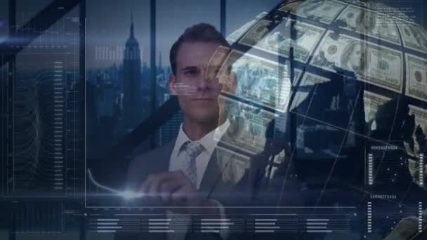 Digital Composite Handsome Caucasian Businessman Using Digital Screen Rotating Globe — Stock Video