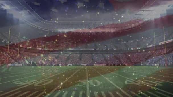 数字动画一个完整的美国足球场与烟花动画和美国国旗挥舞在前景 — 图库视频影像